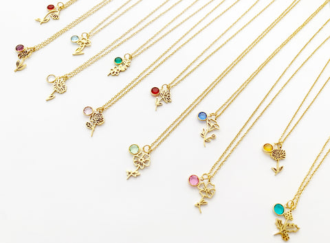 Birth Month Flower Necklace With Birthstone